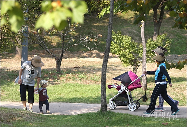 ▲ 엄마와 함께 숲길을 산책하는 아기의 모습.